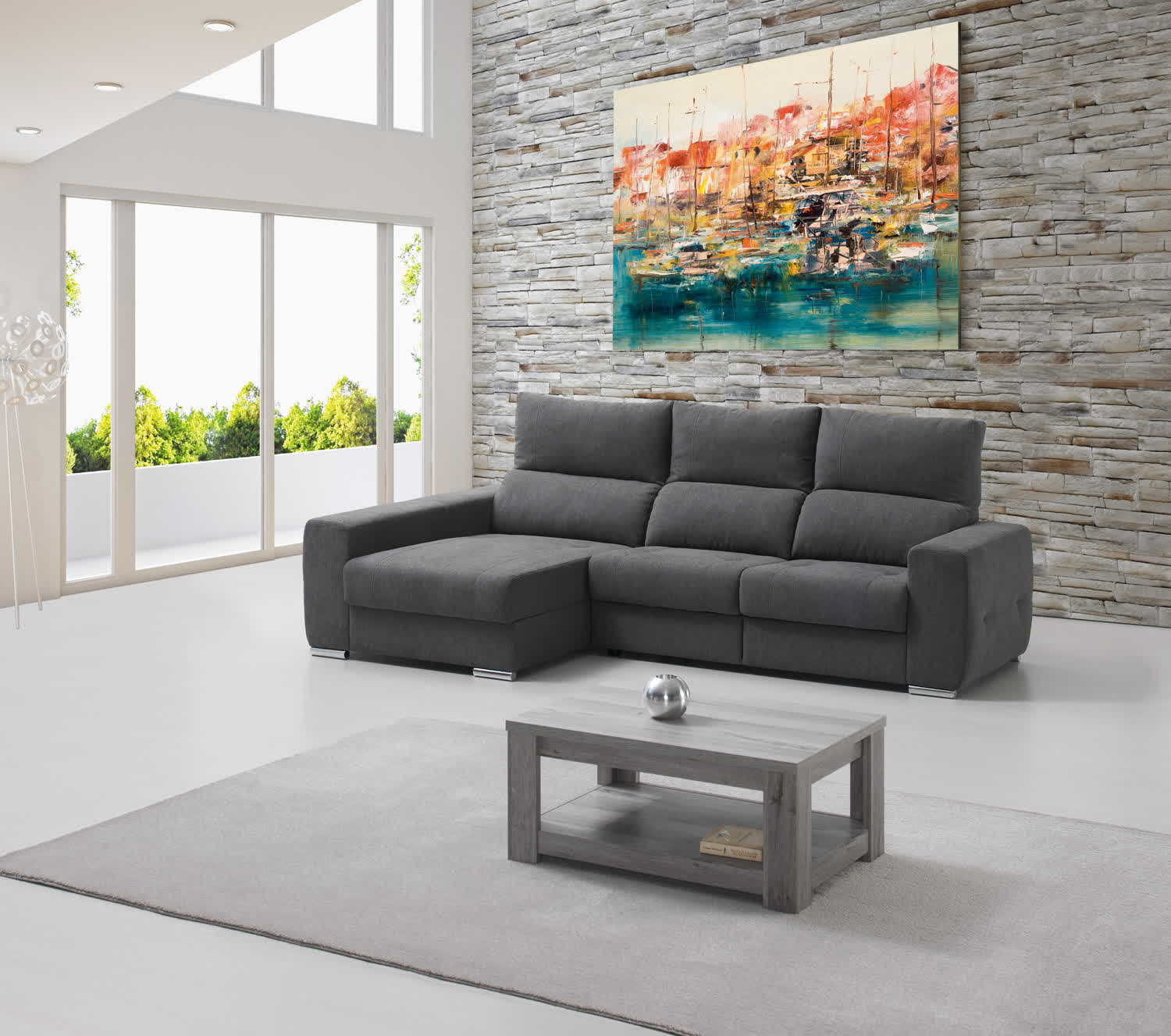 Sofá de 3 lugares com costas reclináveis, assentos deslizantes e chaise longue com baú - Image 3