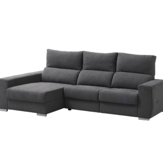 Sofá de 3 lugares com costas reclináveis, assentos deslizantes e chaise longue com baú