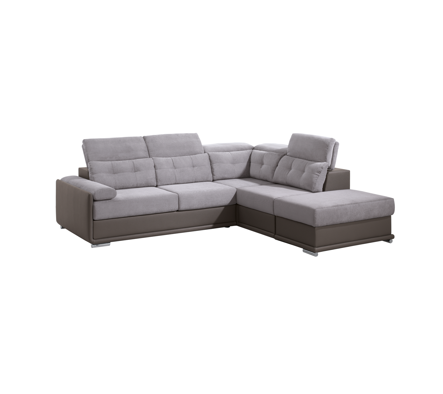 Sofá de canto com costas reclináveis e terminal com baú